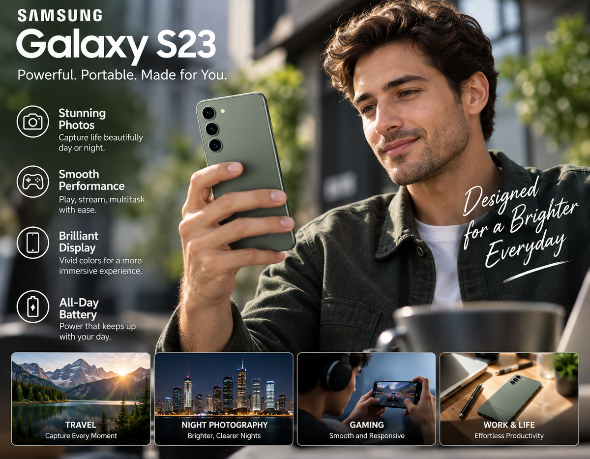 Green Samsung Galaxy S23 5G smartphone held in hand, rear camera visible