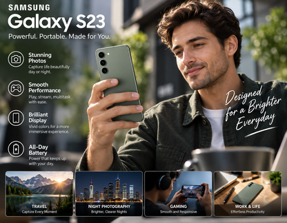 Green Samsung Galaxy S23 5G smartphone held in hand, rear camera visible
