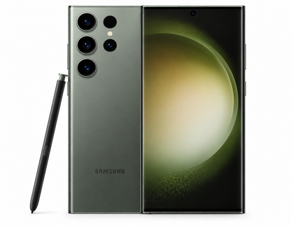 Green Samsung Galaxy S23 Ultra smartphone with S Pen and triple rear camera