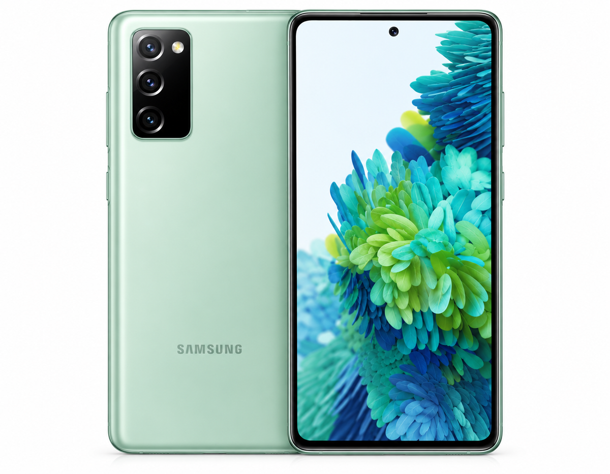 Cloud Mint Samsung Galaxy S20 FE smartphone, front display and rear triple camera