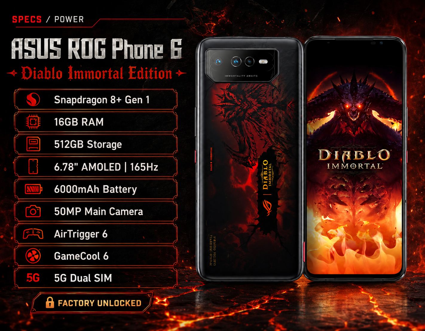 ASUS ROG Phone 6 smartphone, dark back with red artwork and AMOLED front screen showing Diablo