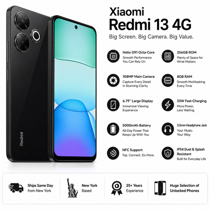 Xiaomi Redmi 13 4G Dual SIM 256GB ROM 8GB RAM GSM Unlocked - Black