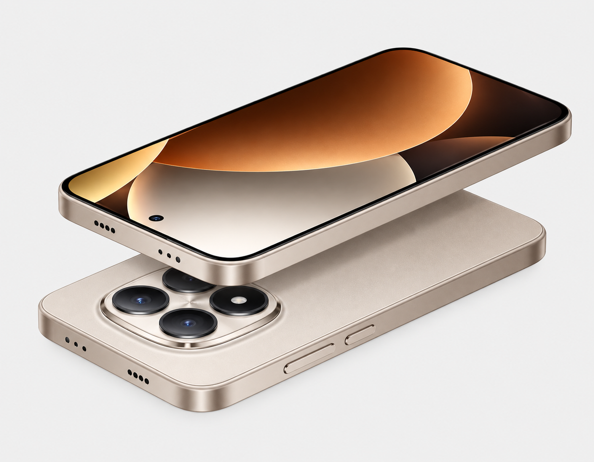Xiaomi Redmi Note 15 Pro 5G Titanium-colored smartphone front and back angled views with quad camera and side ports