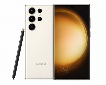Cream Samsung Galaxy S23 Ultra smartphone with S Pen, front and back shown