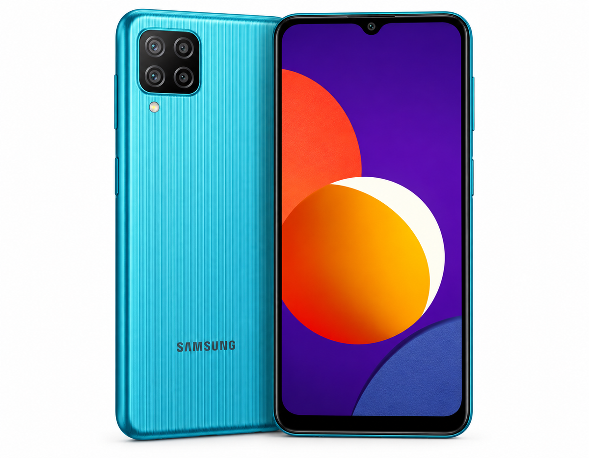 Samsung Galaxy M12 Teal unlocked Samsung phone with front display and quad rear camera