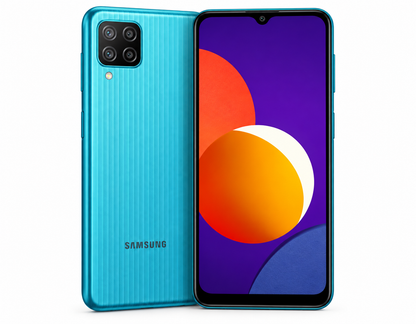 Samsung Galaxy M12 Teal unlocked Samsung phone with front display and quad rear camera