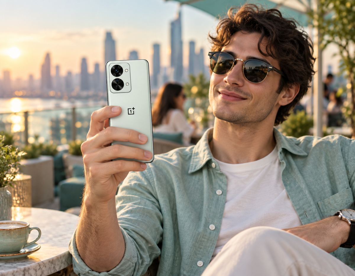OnePlus Nord 2T CPH2399 5G Man holding jade green unlocked smartphone with dual rear cameras and front screen