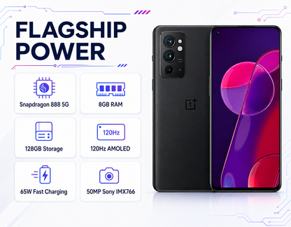 Black OnePlus 9RT 5G smartphone showing front screen and back triple camera module