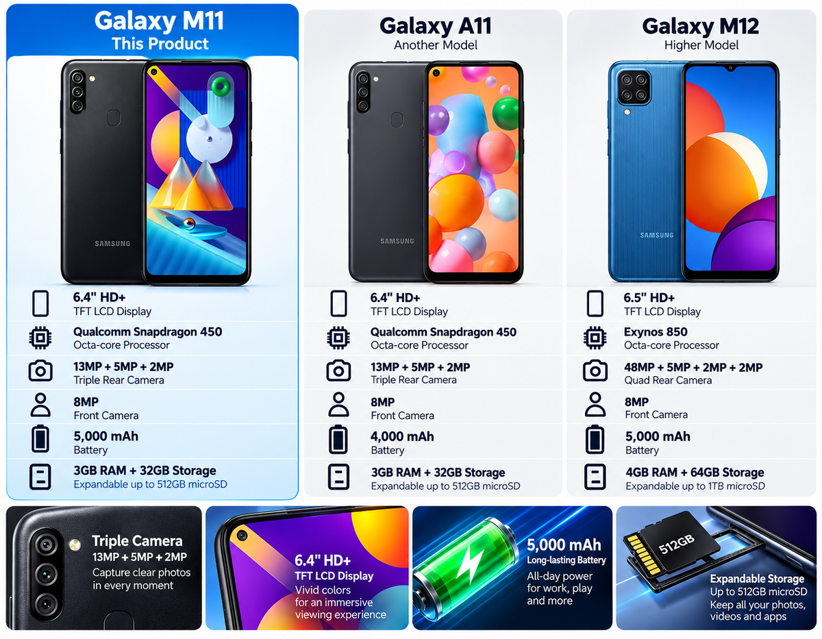 Black Samsung Galaxy M11 smartphone front and back, dual camera on rear.
