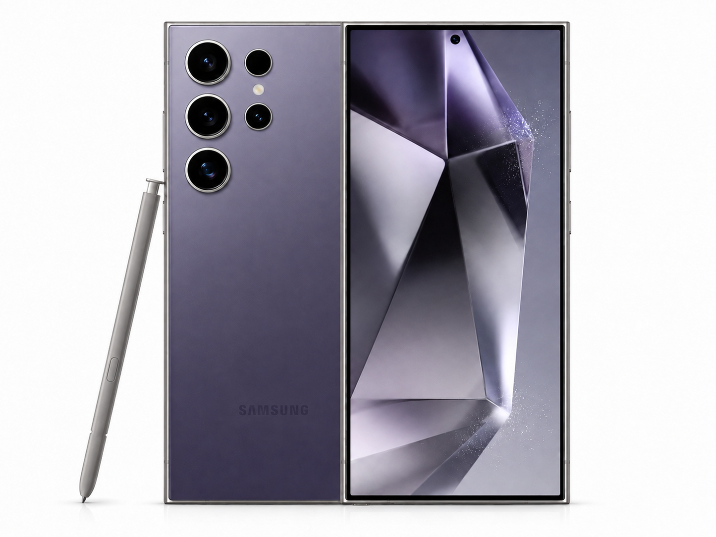 S24 Ultra smartphone in Titanium Violet, front display and quad rear cameras