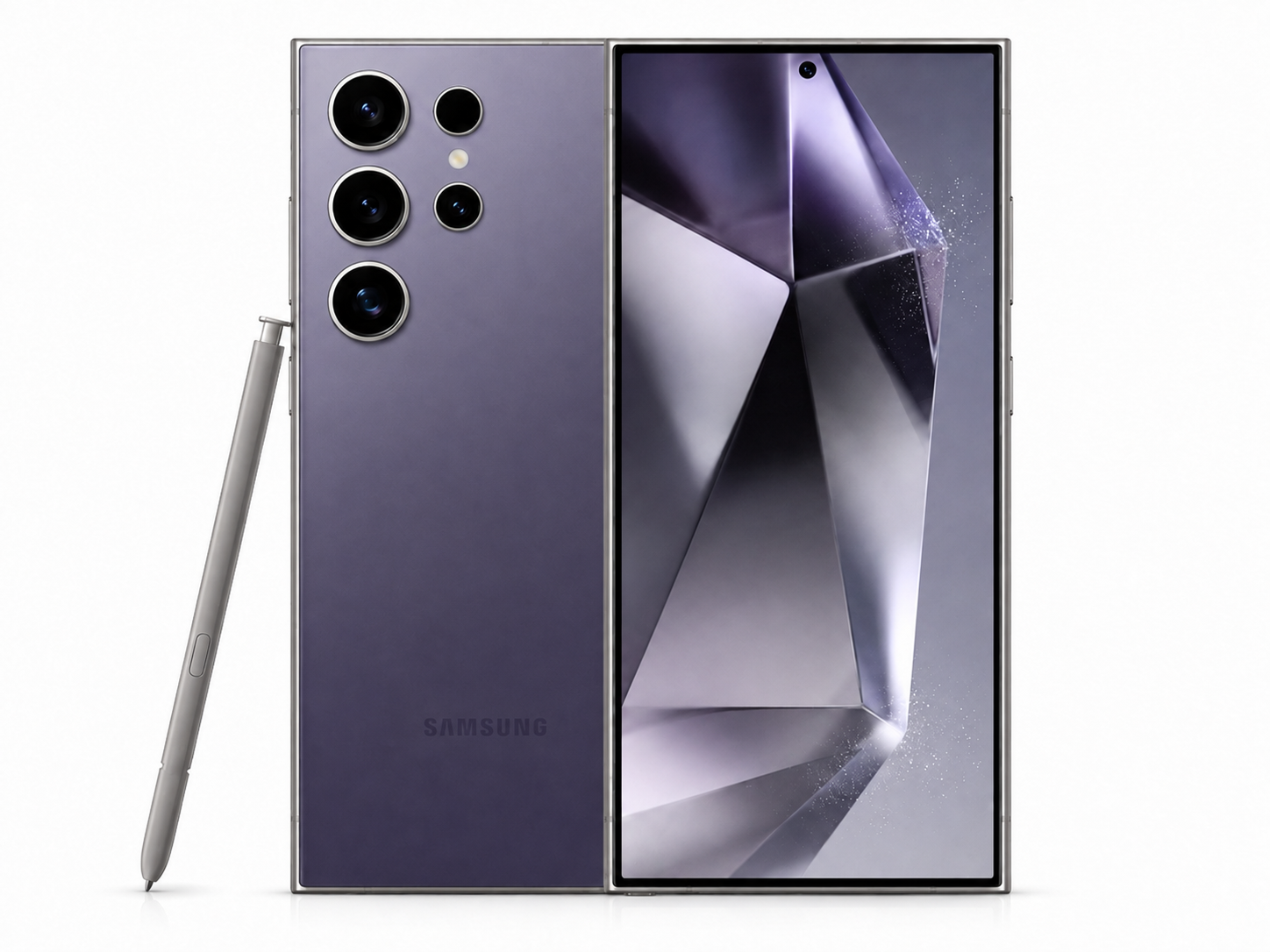 S24 Ultra smartphone in Titanium Violet, front display and quad rear cameras