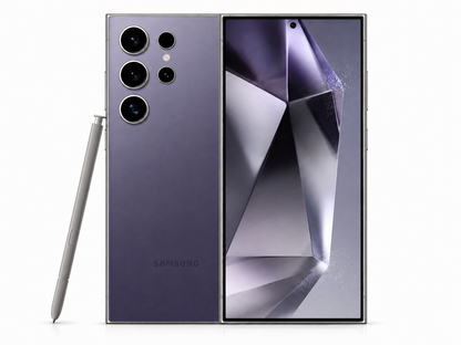 S24 Ultra smartphone in Titanium Violet, front display and quad rear cameras