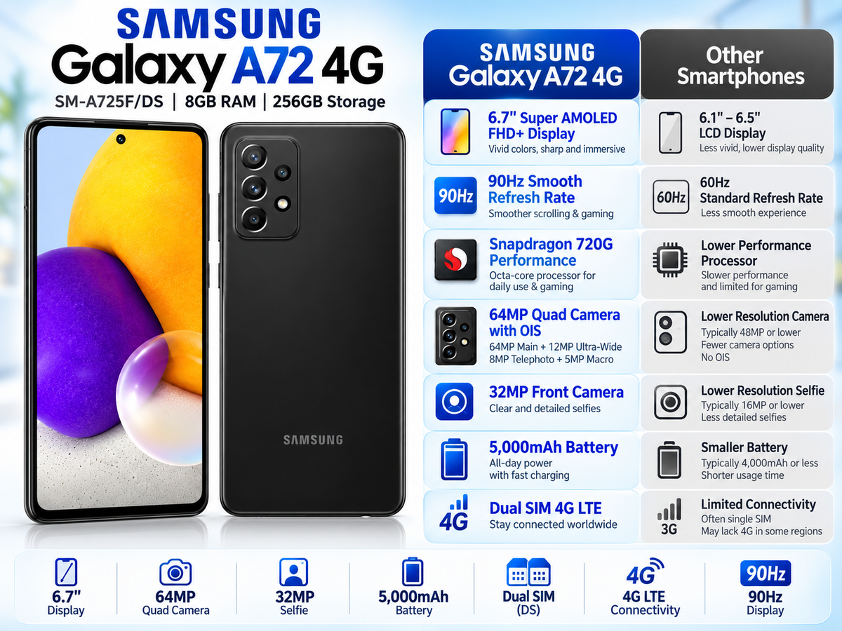 Samsung Galaxy A72 4G smartphone, black front and back shown with spec panel