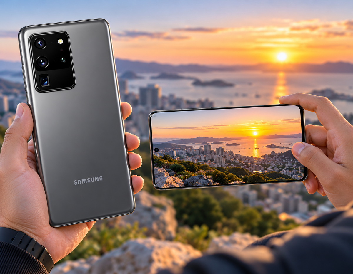 Samsung Galaxy S20 Ultra 5G smartphone, cosmic grey, held in hands with landscape screen