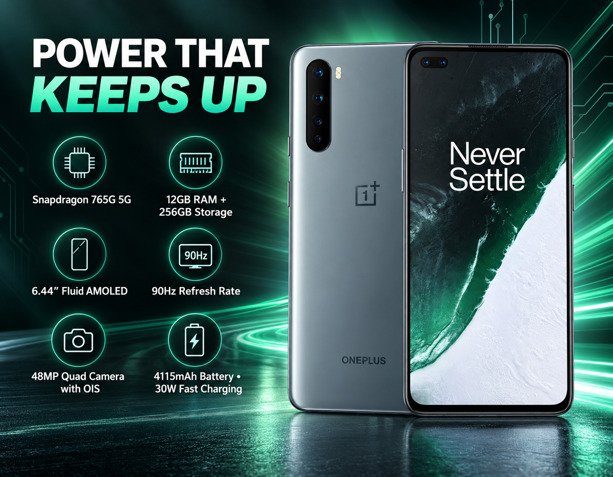 Gray OnePlus Nord 5G smartphone with front display and multi-lens rear camera array