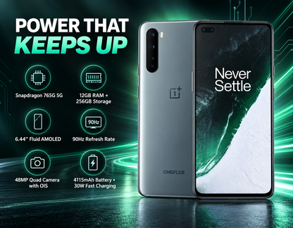 Gray OnePlus Nord 5G smartphone with front display and multi-lens rear camera array