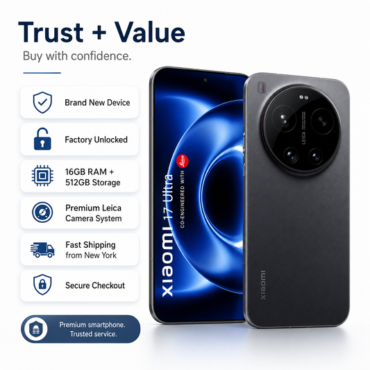 Black factory-unlocked smartphone shown front and back with circular rear camera module.