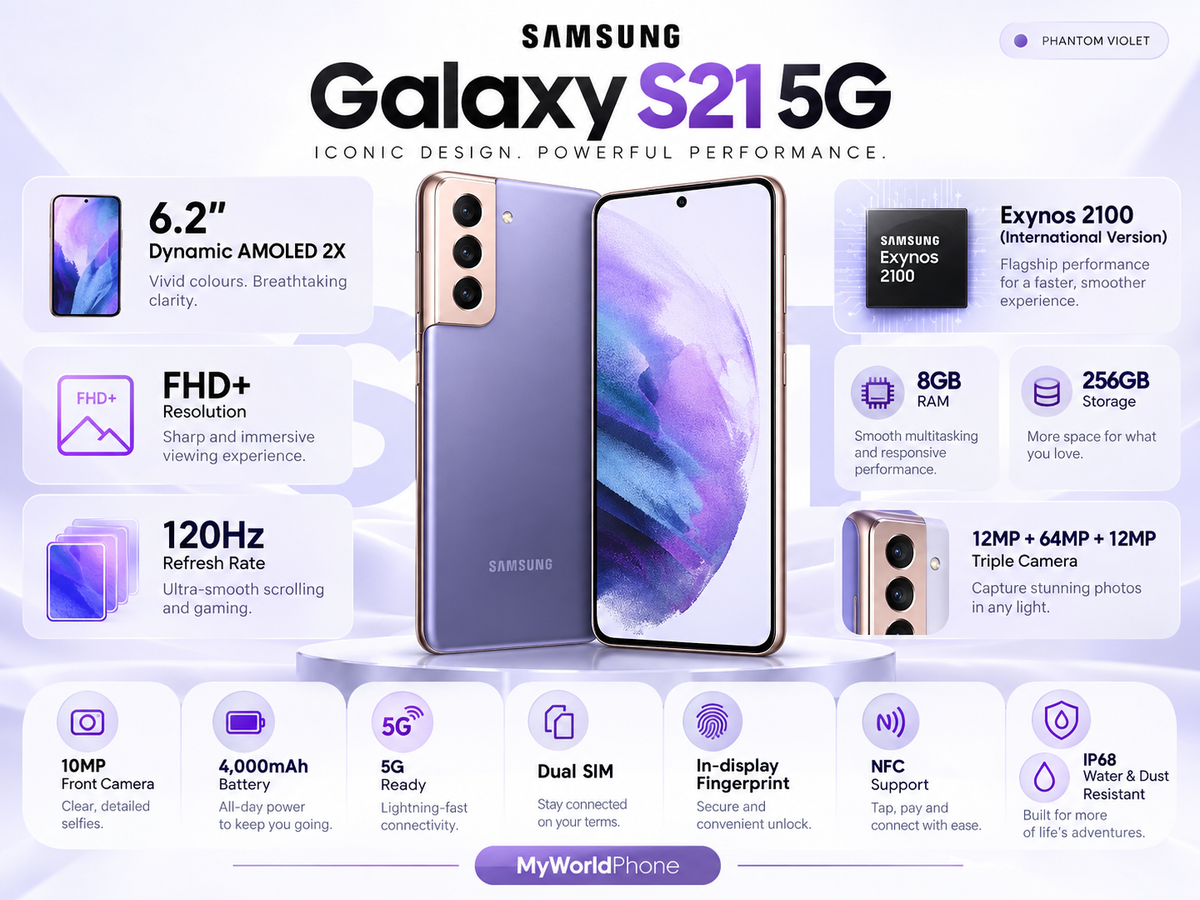 Galaxy S21 5G smartphone, phantom violet back with triple cameras and front screen