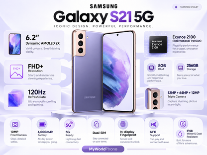 Galaxy S21 5G smartphone, phantom violet back with triple cameras and front screen