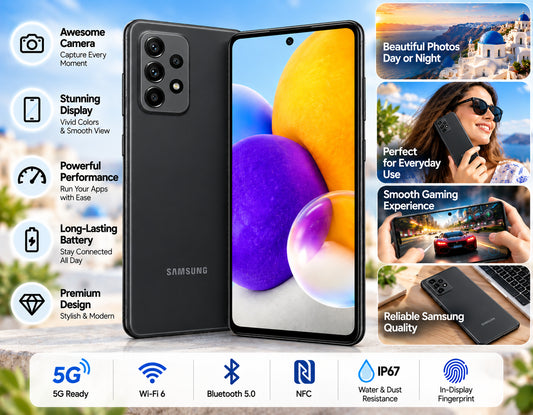 Samsung Galaxy A52 5G dual-SIM phone, black with front display and rear camera array