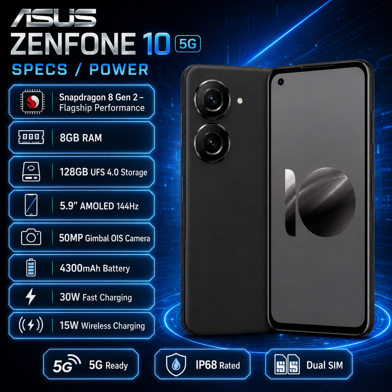 Asus Zenfone 10 AI2302 5G Black smartphone with dual rear cameras and front display, three-quarter view
