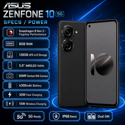 Asus Zenfone 10 AI2302 5G Black smartphone with dual rear cameras and front display, three-quarter view