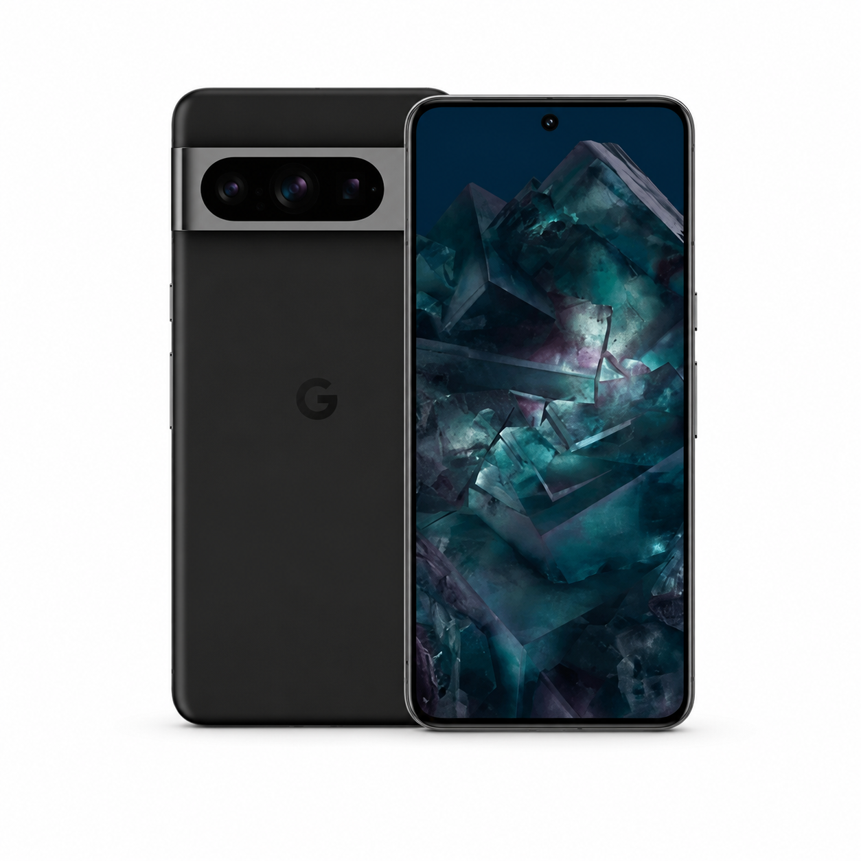 Google Pixel 8 Pro phone in Obsidian, front and back view with triple cameras