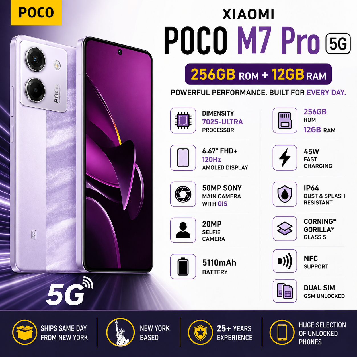 Xiaomi Poco M7 Pro 5G Dual SIM 256GB ROM 12GB RAM GSM Unlocked - Purple
