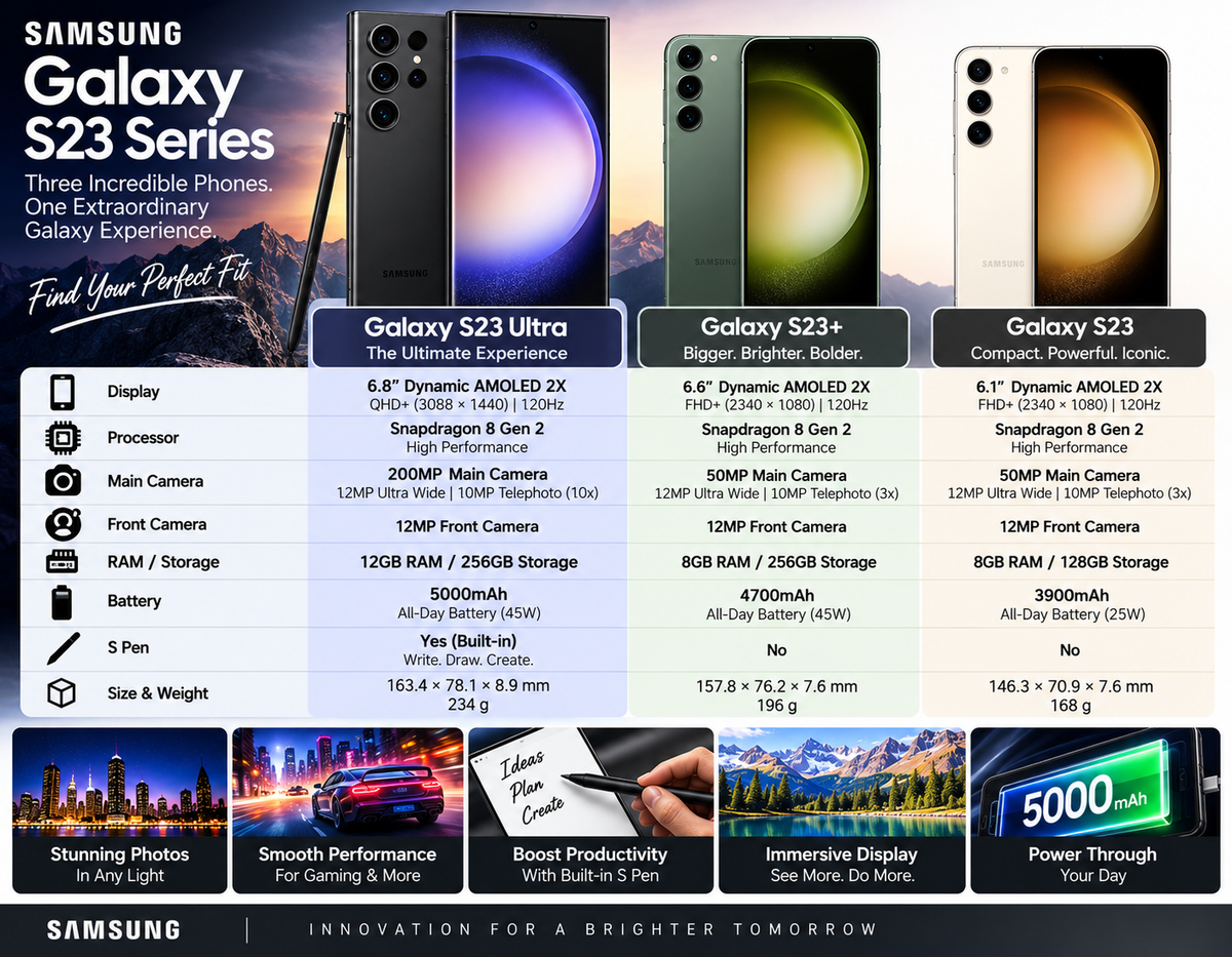 Samsung Galaxy S23 series lineup showing multiple phones in different colors