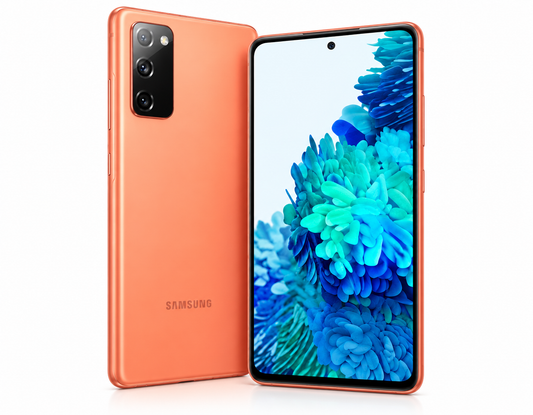 Orange Samsung Galaxy S20 FE smartphone front and back view with dual rear cameras.