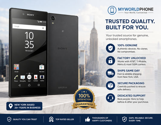 Black Sony Xperia Z5 Premium smartphone, front and rear with dual SIM ports.