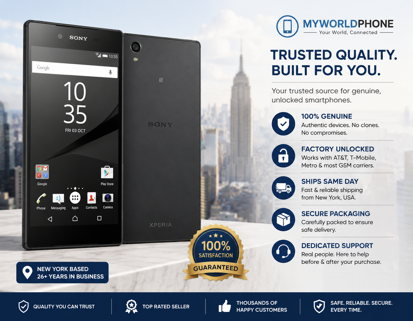 Black Sony Xperia Z5 Premium smartphone, front and rear with dual SIM ports.