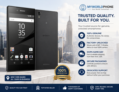 Black Sony Xperia Z5 Premium smartphone, front and rear with dual SIM ports.