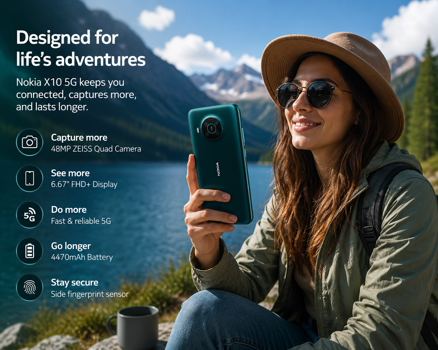 Nokia X10 5G Teal Nokia smartphone held by a person, Forest color, dual camera