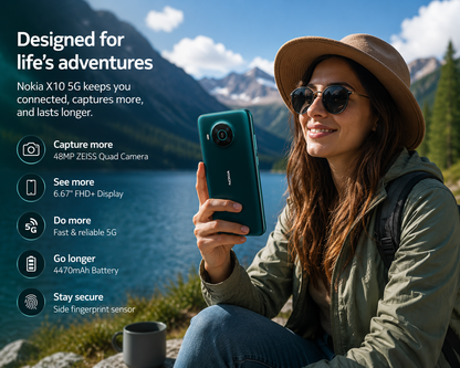 Nokia X10 5G Teal Nokia smartphone held by a person, Forest color, dual camera