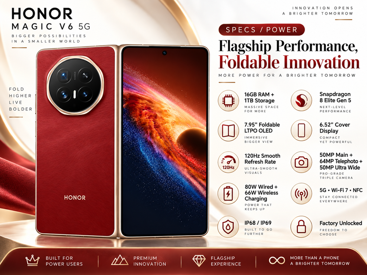 Honor Magic V6 5G 1TB ROM 16GB RAM Dual SIM GSM Unlocked - Red