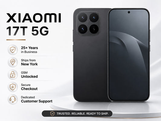 Black Xiaomi 17T 5G smartphone front and back, dual rear cameras