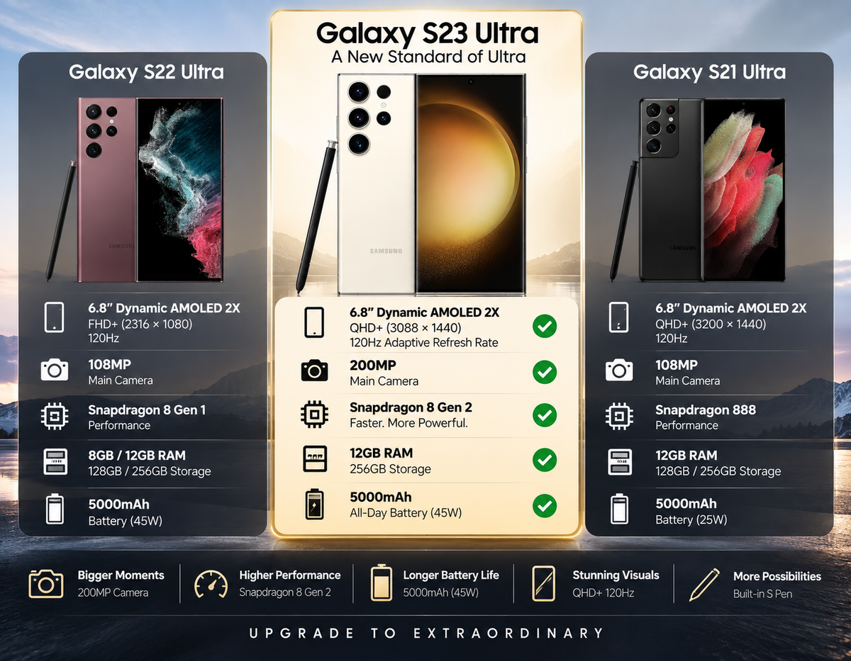 Cream Samsung Galaxy S23 Ultra phone with front and back view in a multi-phone display
