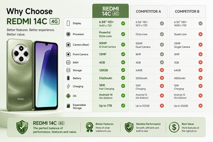 Xiaomi Redmi 14C 4G 128GB ROM 4GB RAM Dual SIM GSM Unlocked - Green