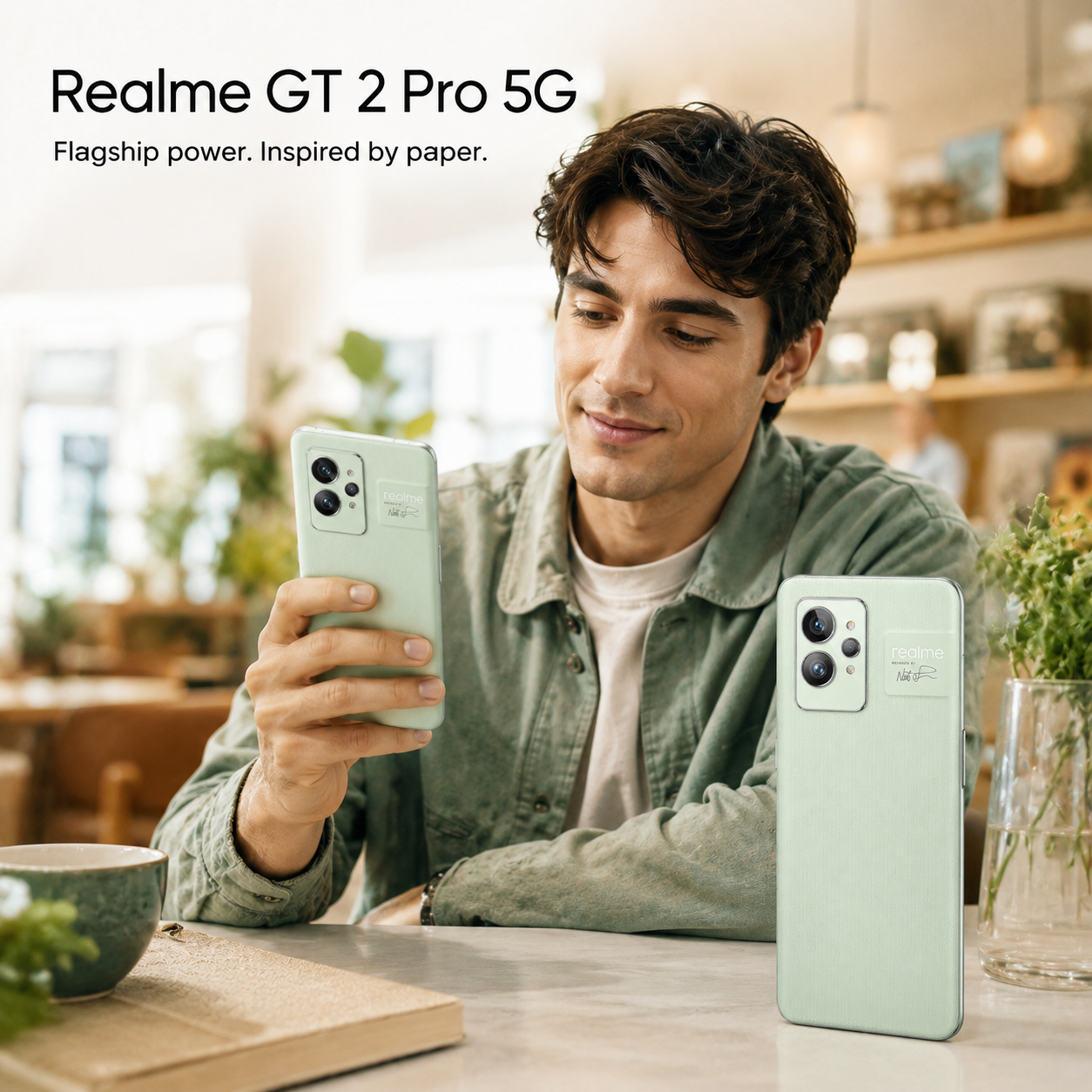 Realme GT Master Edition 5G Paper green Realme smartphone held in hand, rear dual cameras visible