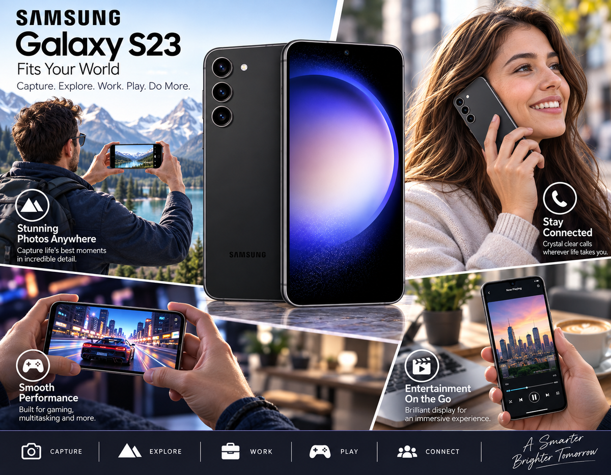 Black Samsung Galaxy S23 5G smartphone shown front and back with people using phones