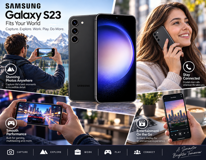 Black Samsung Galaxy S23 5G smartphone shown front and back with people using phones