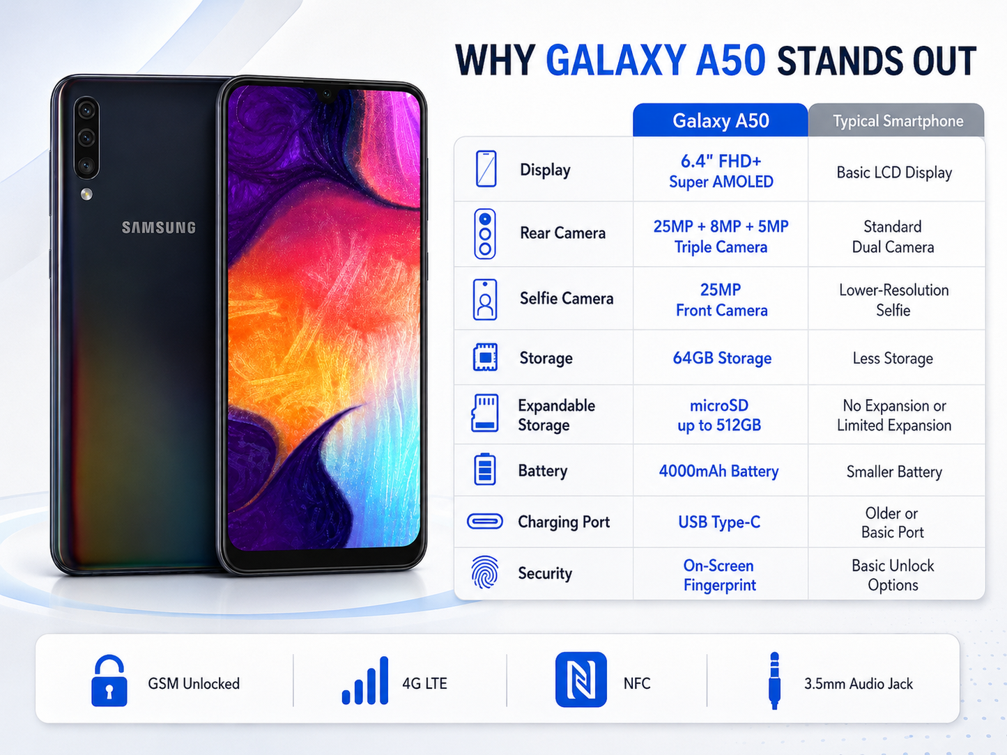 SAMSUNG Galaxy A50 unlocked smartphone with front screen and back camera visible