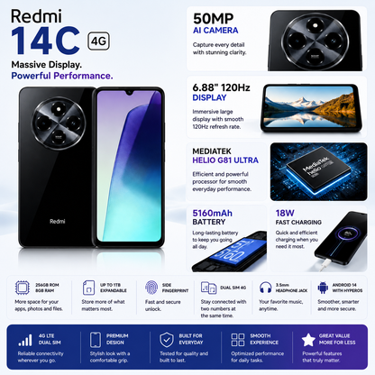 Xiaomi Redmi 14C 4G 256GB ROM 8GB RAM Dual SIM GSM Unlocked - Black
