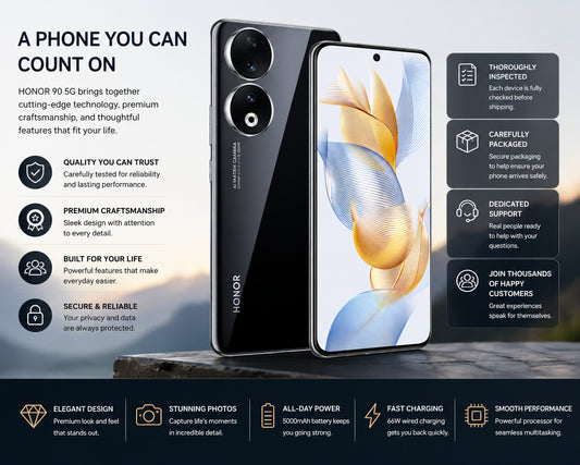 Honor 90 5G smartphone set with front and back in midnight black
