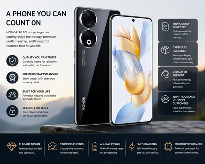 Honor 90 5G smartphone set with front and back in midnight black
