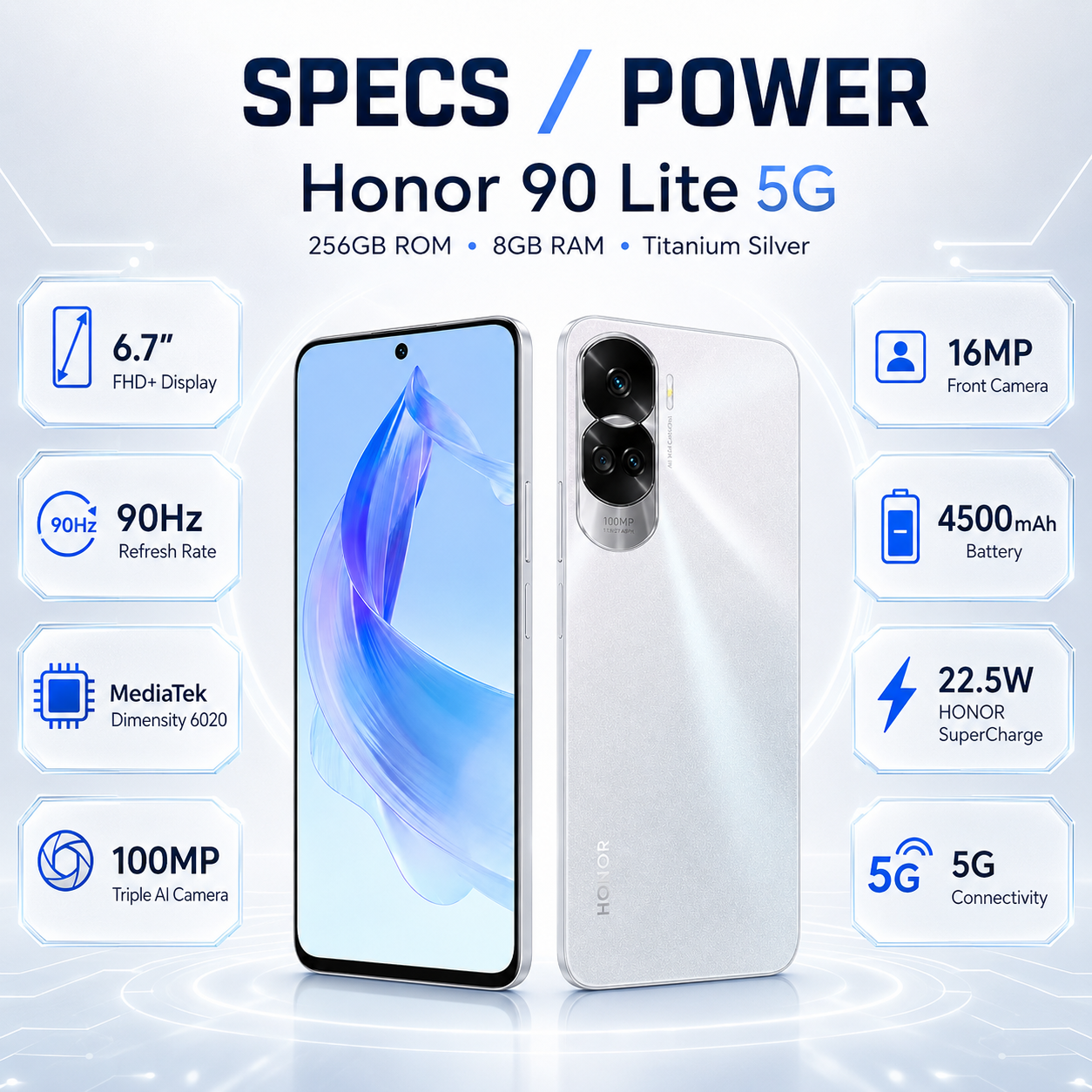 Honor 90 Lite 5G smartphone centered front/back, titanium silver finish, blue screen, triple cam