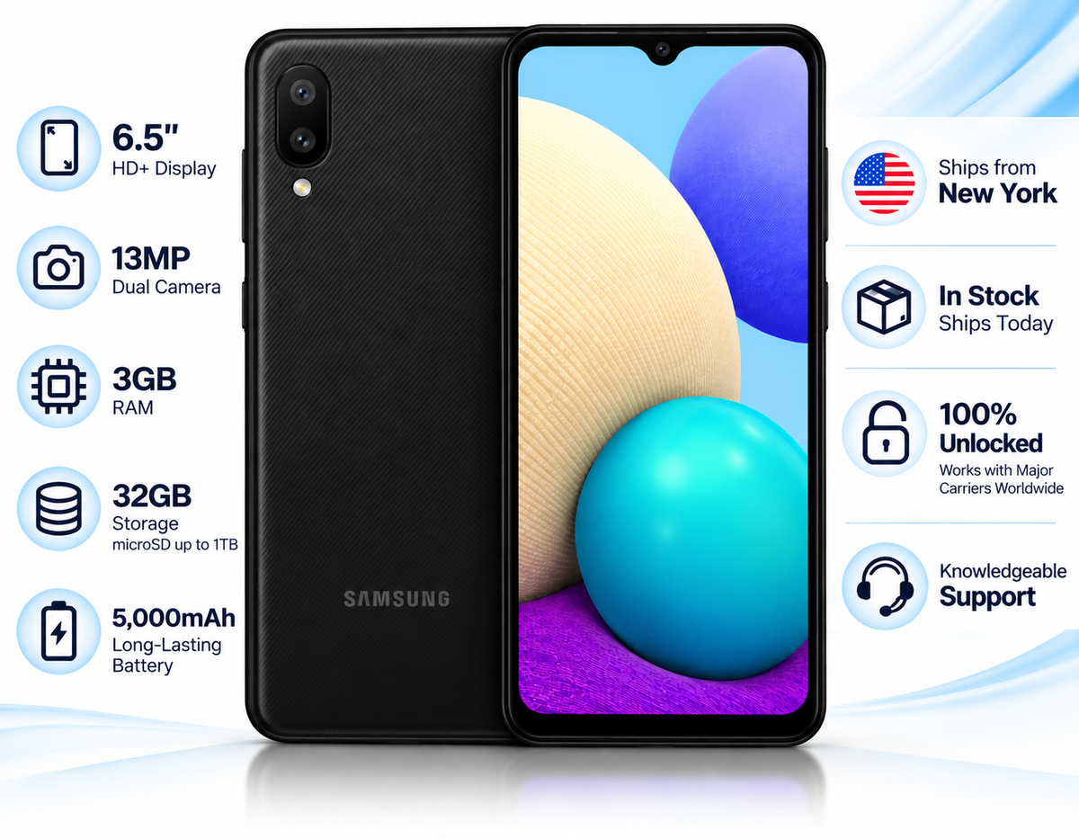 Black Samsung Galaxy A02 smartphone with dual SIM badges, front and back view.