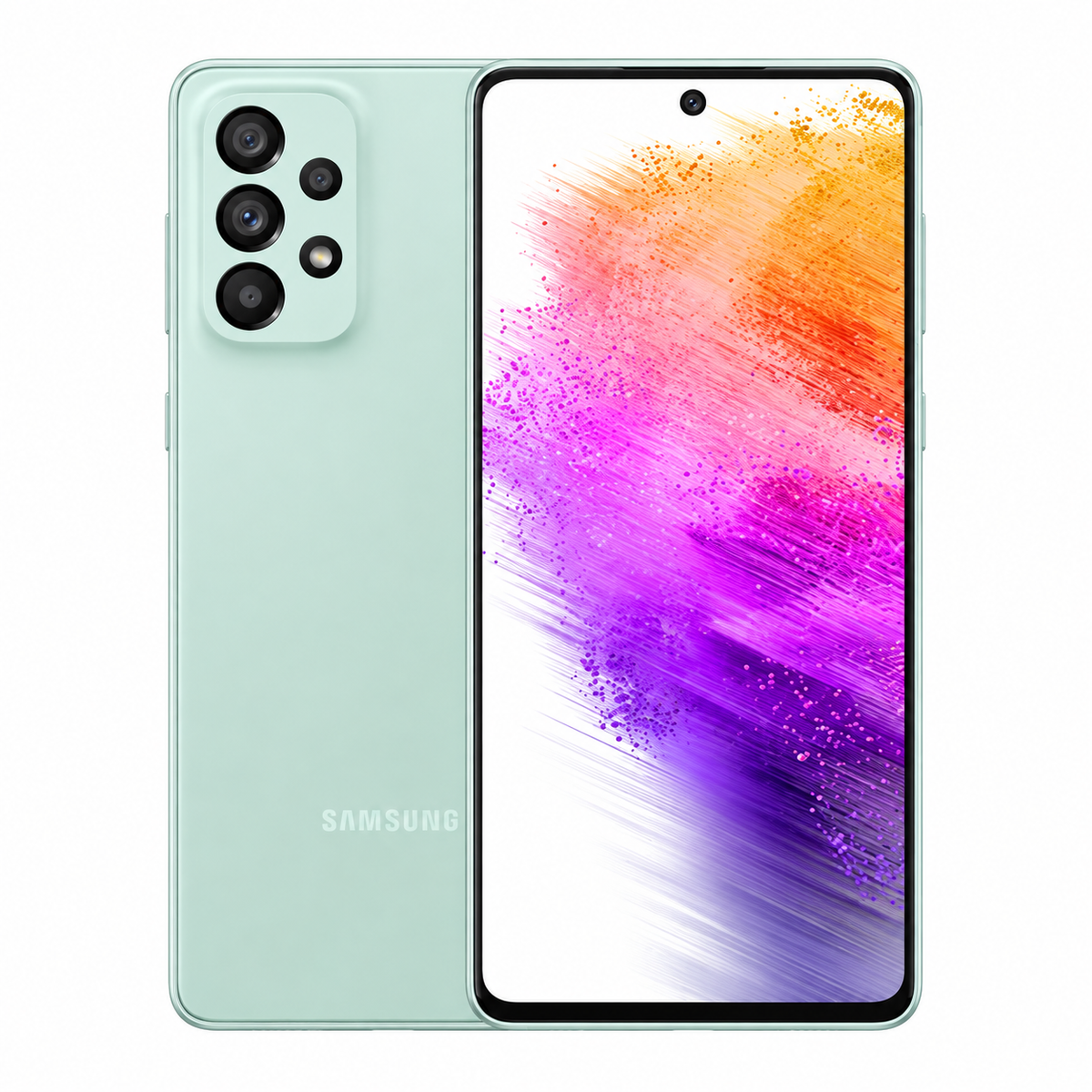 Samsung Galaxy A73 5G smartphone, mint back and front with colorful display