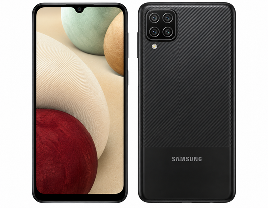 Samsung Galaxy A12 Black smartphone with textured back and quad rear camera; front display showing abstract shapes